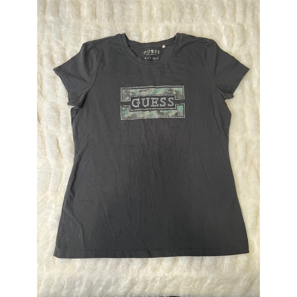 Guess Los Angeles Womens XL Black Camo Rhinestone Logo Graphic T-Shirt Tee